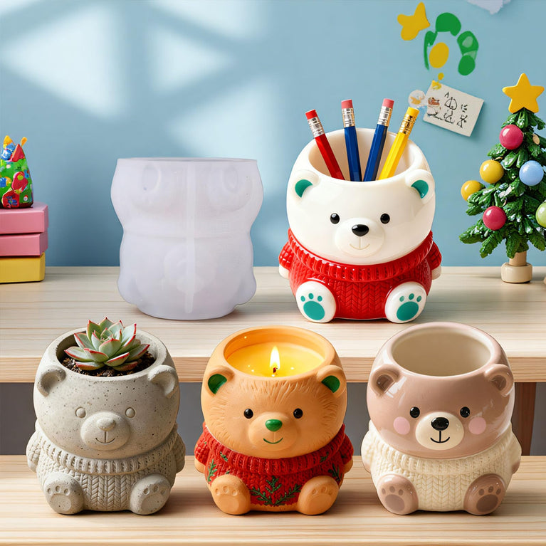 SNOOGG Cute Bear in Sweater Silicone Mold for Resin Casting | Bear Planter, Candle & Pen Holder 3D Mold for Eco Resin, Epoxy, Concrete Crafts | Heavy Duty Reusable Silicone Mould for Home Decor