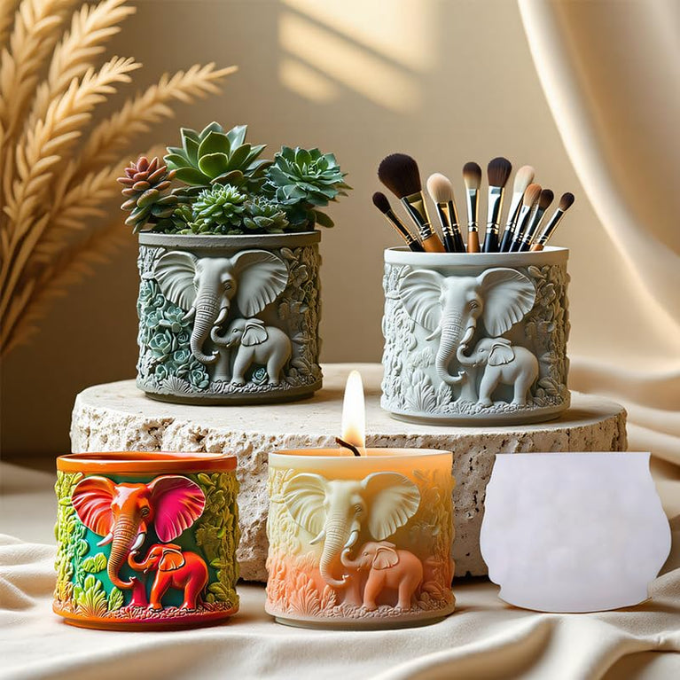 SNOOGG 3D Elephant Family Relief Silicone Mold – Heavy-Duty Reusable Mould for DIY Planters, Pen Holders, Epoxy Resin, Concrete & Home Decor Crafts
