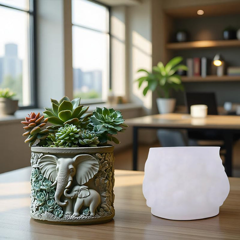 SNOOGG 3D Elephant Family Relief Silicone Mold – Heavy-Duty Reusable Mould for DIY Planters, Pen Holders, Epoxy Resin, Concrete & Home Decor Crafts