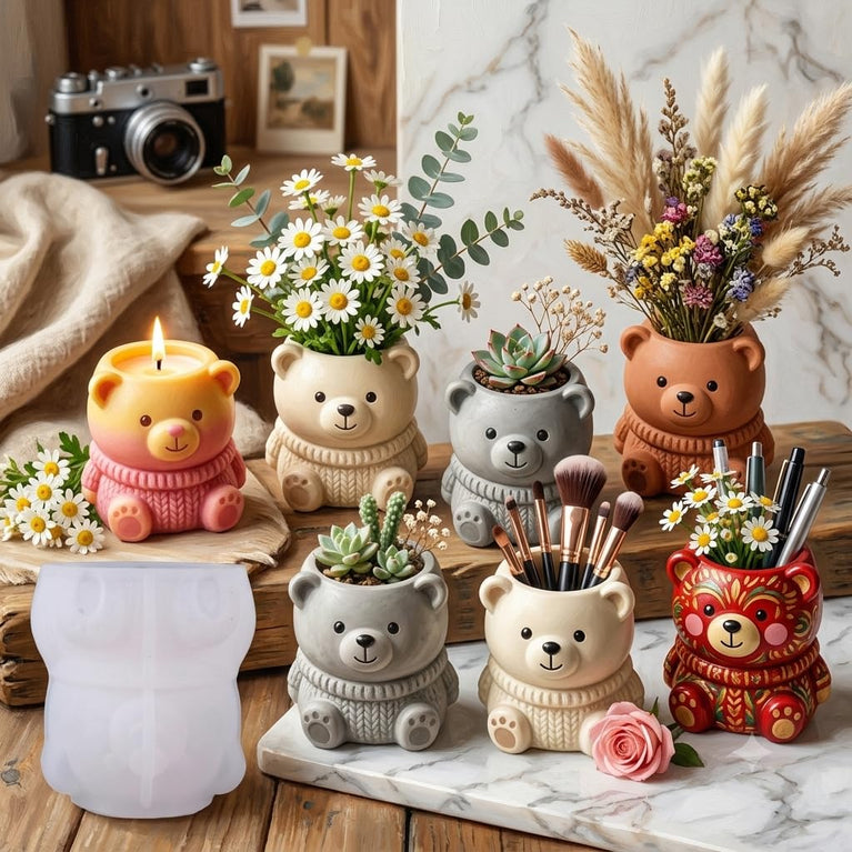 SNOOGG Teddy Bear with Rose Bouquet Silicone Mold for Resin Casting | Bear & Flower Planter 3D Mold for Eco Resin, Epoxy, Concrete Crafts | Heavy Duty Reusable Silicone Mould for Home Decor
