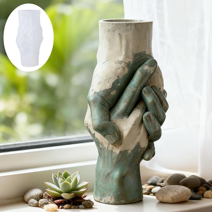 SNOOGG Clasped Hands Vase Silicone Mold for Resin, Concrete & Plaster - Holding Hands Flower Pot Casting Mold for DIY Home Decor, Candle Holder, Pen Stand, Handmade Gift Craft