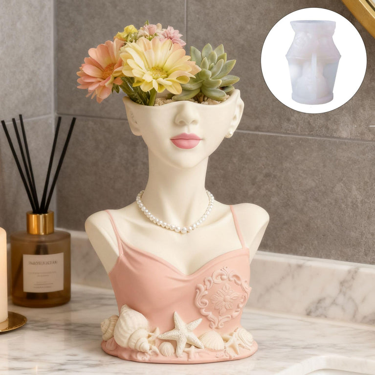 SNOOGG Mermaid Lady Bust Face Vase Silicone Mold for Resin Casting | Seashell Girl Bust Planter 3D Mold for Eco Resin, Epoxy, Concrete Crafts | Heavy Duty Reusable Silicone Mould for Home Decor