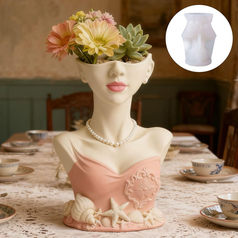 SNOOGG Mermaid Lady Bust Face Vase Silicone Mold for Resin Casting | Seashell Girl Bust Planter 3D Mold for Eco Resin, Epoxy, Concrete Crafts | Heavy Duty Reusable Silicone Mould for Home Decor