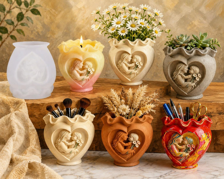 SNOOGG Mother & Child Heart Vase Silicone Mold for Resin Casting | Ruffled Heart Planter & Candle 3D Mold for Eco Resin, Epoxy, Concrete Crafts | Heavy Duty Reusable Silicone Mould for Home Decor