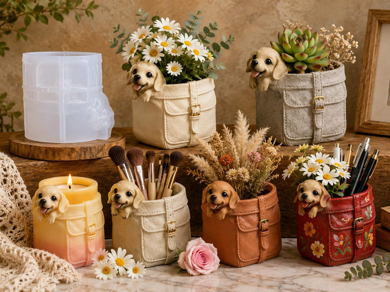 SNOOGG Puppy in Leather Bag Silicone Mold for Resin Casting | Dog Planter & Pen Holder 3D Mold for Eco Resin, Epoxy, Concrete Crafts | Heavy Duty Reusable Silicone Mould for Home Decor