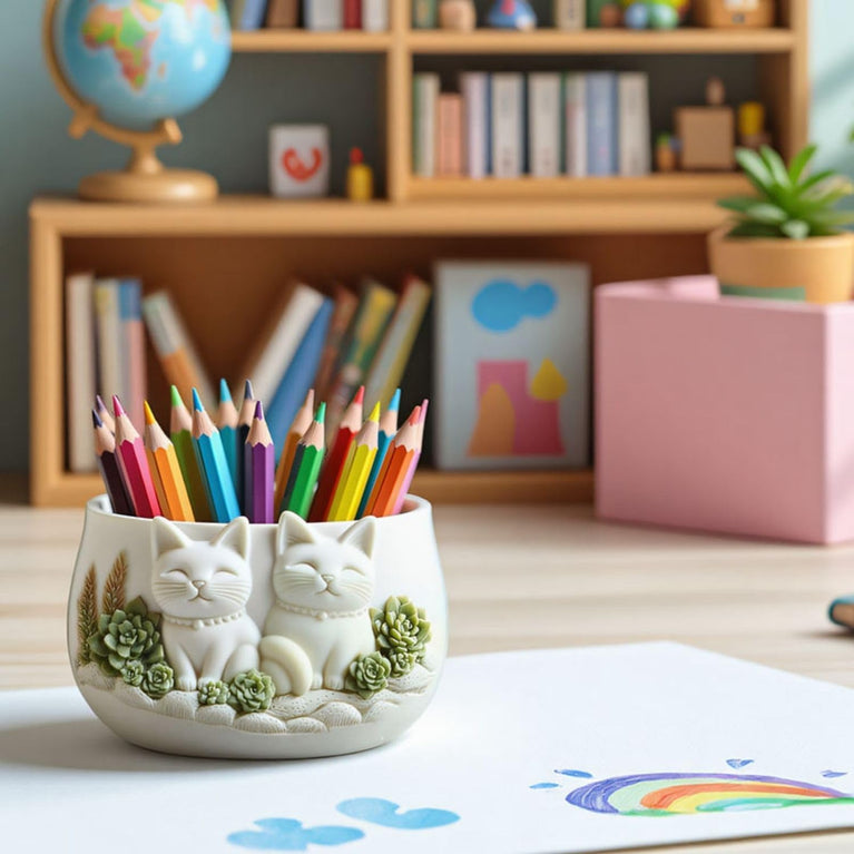 SNOOGG Decorative Cat Planter Silicone Mold with Zigzag Texture for Eco Resin Crete – Small Succulent Pot Mould