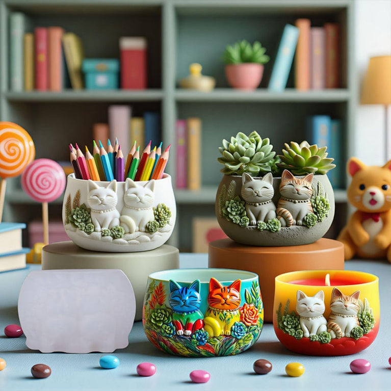 SNOOGG Decorative Cat Planter Silicone Mold with Zigzag Texture for Eco Resin Crete – Small Succulent Pot Mould