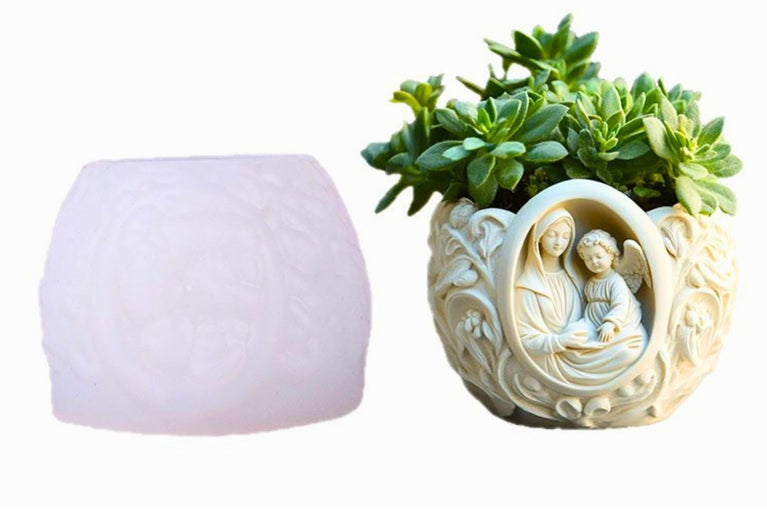 SNOOGG Silicone Virgin Mary Angel Floral Bowl Mold for DIY Cement Planter, Candle Holder, Resin, Gypsum, Plaster & Soap Casting Mould for Home Decor & Religious Gift Making