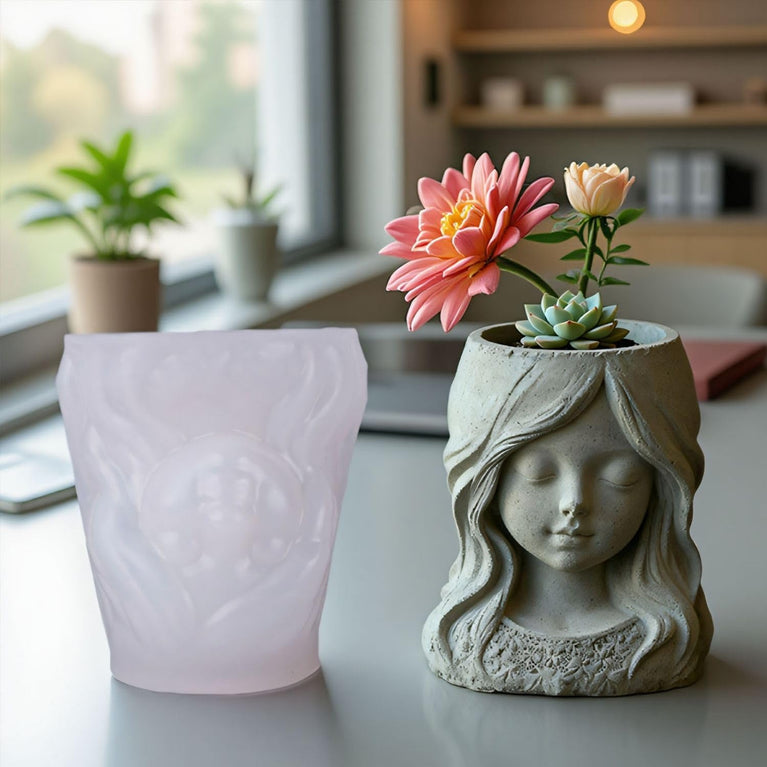 SNOOGG Silicone Girl Face Head Planter Mold for DIY Cement Pot, Flower Vase, Resin, Concrete, Gypsum & Plaster Casting Mould | Goddess Bust Home Decor & Gift Making