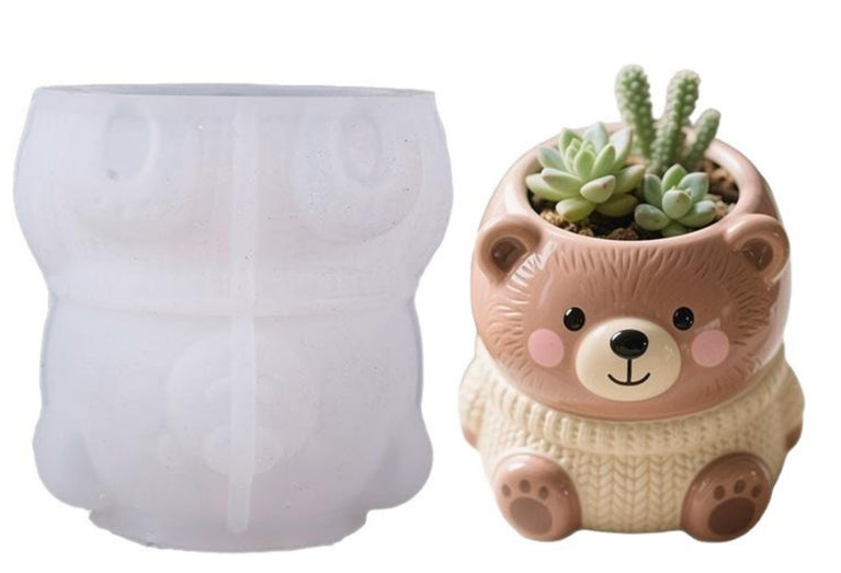 SNOOGG Silicone Mold Cute Sitting Teddy Bear Pot with Sweater Design for Eco Resin Crete Casting Planter Candle Holder Pen Stand DIY Craft Mold