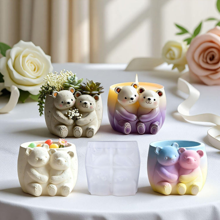 SNOOGG Silicone Mold Cute Couple Teddy Bear Hug Planter Design for Eco Resin Crete Casting DIY Succulent Pot Home Decor Craft Mold