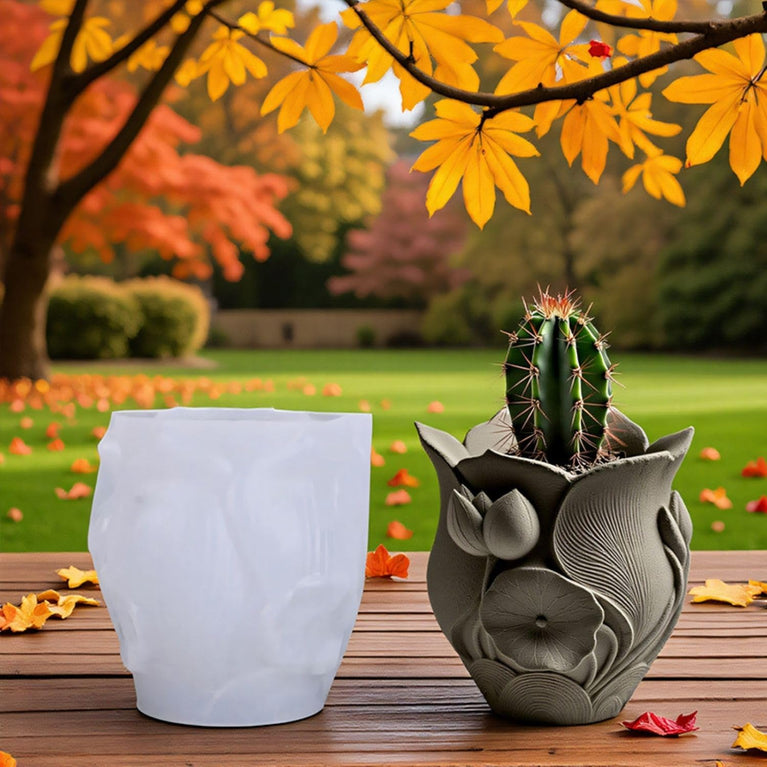 SNOOGG Silicone Mold Lotus Flower Carved Planter Pot Design for Eco Resin Crete Casting DIY Candle Holder Succulent Pot Home Decor Craft Mold