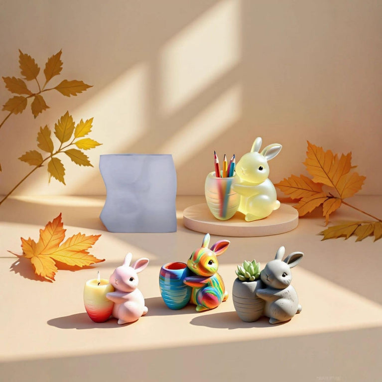 SNOOGG Silicone Mold Cute Bunny with Carrot Planter Design for Eco Resin Crete Casting DIY Succulent Pot Home Decor Craft Mold