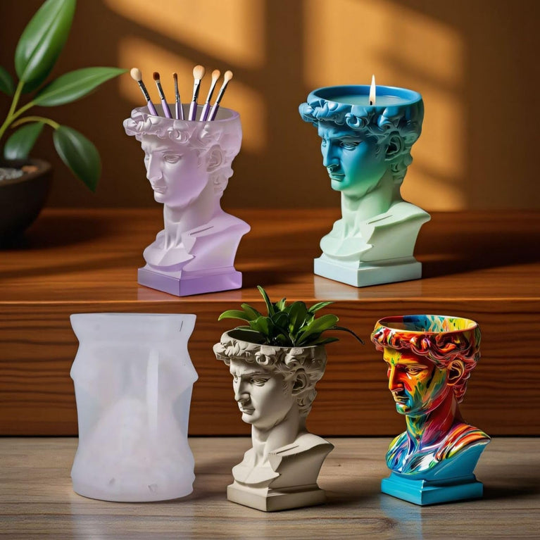 SNOOGG Silicone Mold David Head Sculpture Planter Pot Design for Eco Resin Crete Casting DIY Pen Stand Candle Holder Home Decor Craft Mold