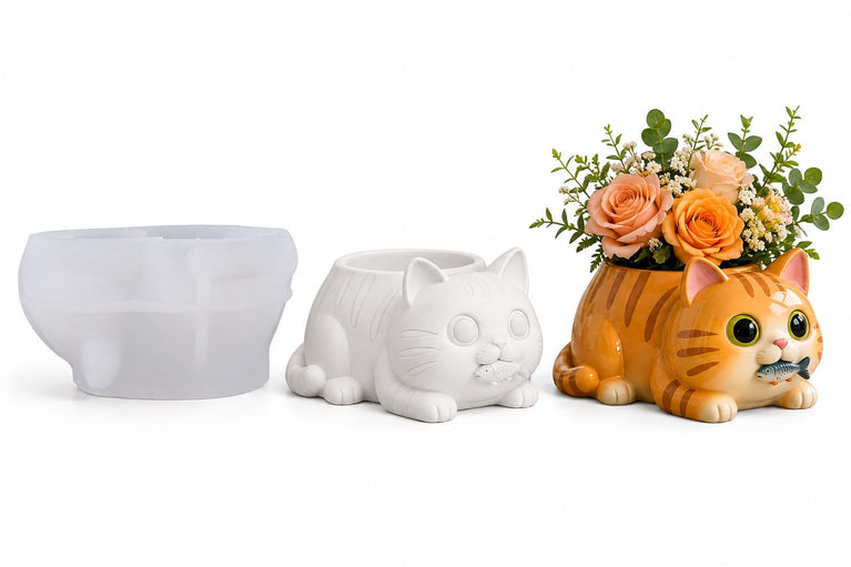 Snoogg Fishy Cat Planter Silicone Mold for Eco Resin Casting, Jesmonite, Resin Crete, Ecocrete, Concrete & Plaster, Cute Cat Succulent Pot Mold for DIY Home Decor Crafts