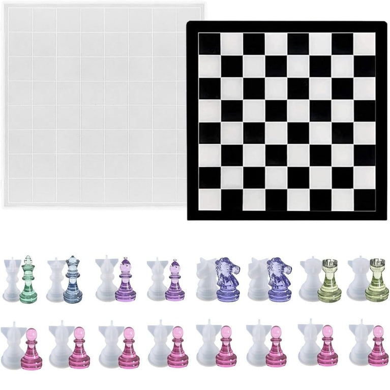 SNOOGG Silicone Chess Board Mold with 6 Pc Chess Pieces Mold Single Piece Construction Resin Casting Set for Epoxy DIY Chess Game Making Handmade Crafts Art Supplies Board Game Kit