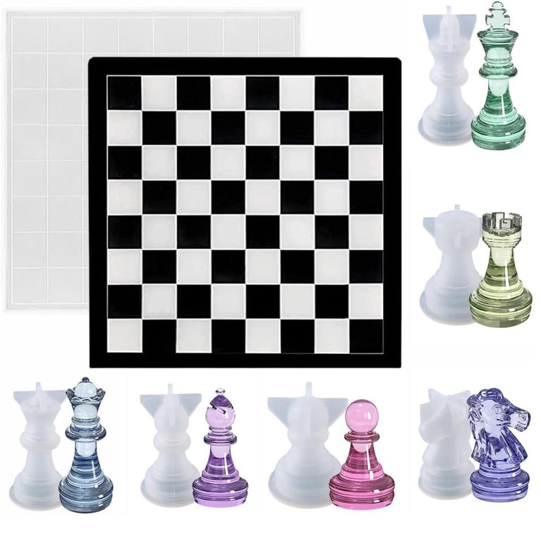 SNOOGG Silicone Chess Board Mold with 6 Pc Chess Pieces Mold Single Piece Construction Resin Casting Set for Epoxy DIY Chess Game Making Handmade Crafts Art Supplies Board Game Kit