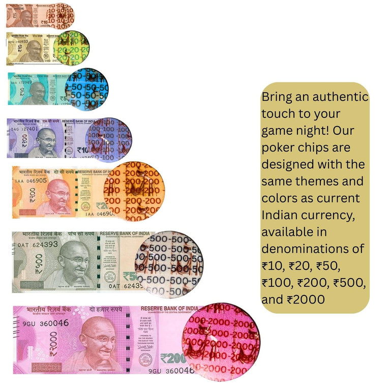 SNOOGG Playing with Chips That Mirror The Look and Feel of Real Indian Currency. Our Poker Chips Feature Color schemes and denominations Identical to ?10, to ?2000 banknotes