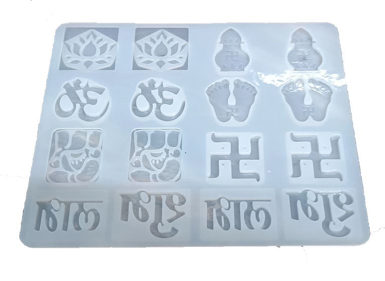 Hindu Festive Season Essentials Symbols 16 cavatines heavy duty Silicome moulds for Resin Casting. Include 2 cavatines Each of Om, Lotus, Ganesha, Subh, Labh, Kalash , Lord Laxmi Feet & Swastik