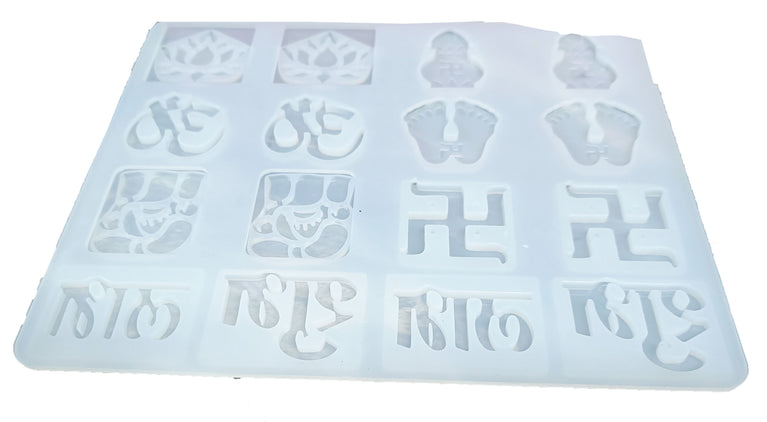 Hindu Festive Season Essentials Symbols 16 cavatines heavy duty Silicome moulds for Resin Casting. Include 2 cavatines Each of Om, Lotus, Ganesha, Subh, Labh, Kalash , Lord Laxmi Feet & Swastik