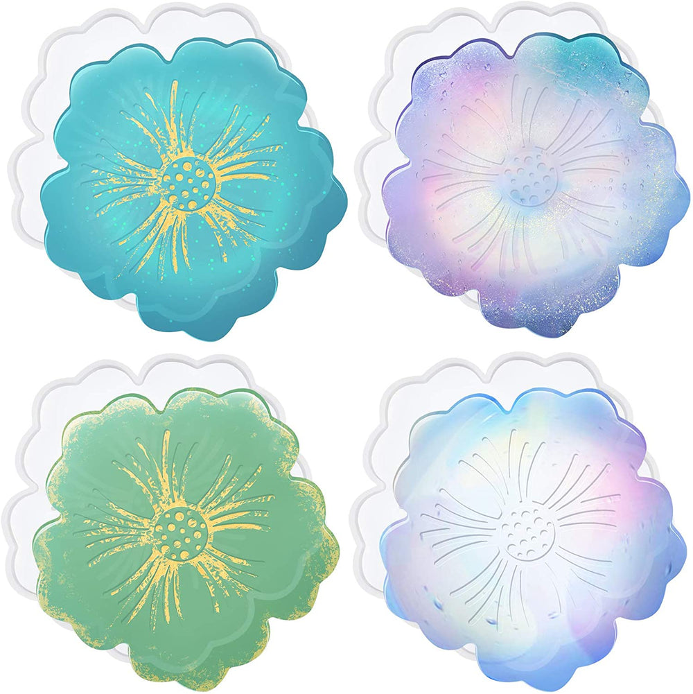 snoogg â„¢4 pack 12cm flower shape coaster silicone molds for epoxy resin casting for event