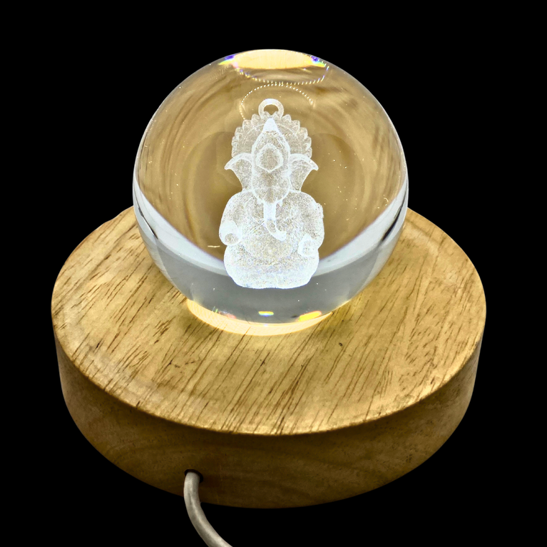 SNOOGG 3D LORD Ganesh  Crystal Ball, Crafted Using Advanced Laser Techniques. Glass Art Features a Stunning Universe Design with a 3.5-inch Wooden Display Base. Multi-Coloured Lighting with Remote