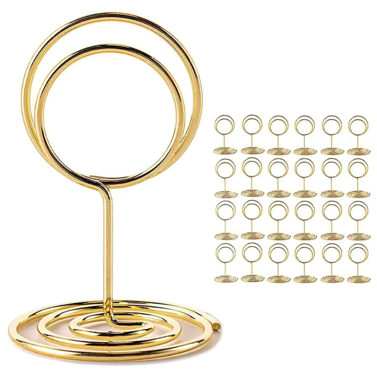 SNOOGG Steel Gold Plated Table Number Holders Place Card Holder Table Number Stands for Wedding Party Graduation Reception Restaurant Home Centrepiece Decorations Office Memo (24)