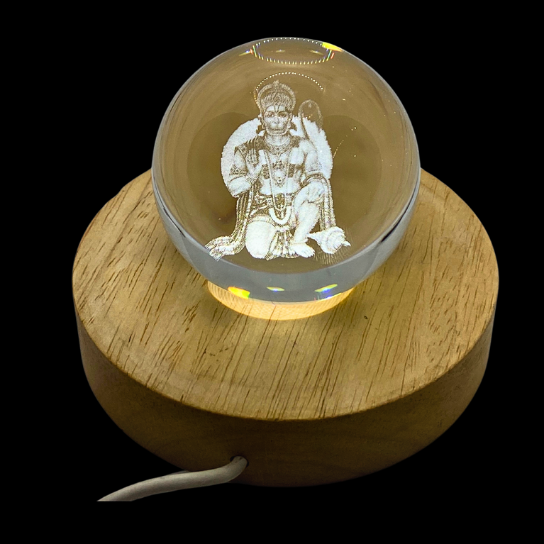 SNOOGG 3D LORD Hanuman ji  Crystal Ball, Crafted Using Advanced Laser Techniques. Glass Art Features a Stunning Universe Design with a 3.5-inch Wooden Display Base. Multi-Coloured Lighting with Remote