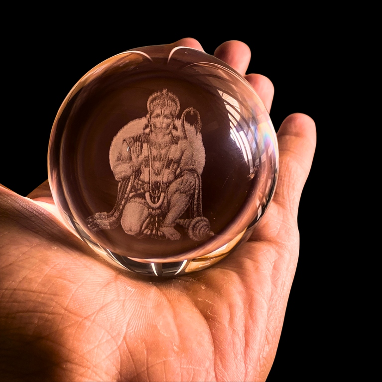 SNOOGG 3D LORD Hanuman ji  Crystal Ball, Crafted Using Advanced Laser Techniques. Glass Art Features a Stunning Universe Design with a 3.5-inch Wooden Display Base. Multi-Coloured Lighting with Remote