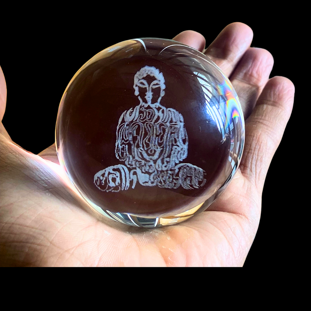 SNOOGG 3D NAVKAR MANTRA BUDDHA Crystal Ball, Crafted Using Advanced Laser Techniques. Glass Art Features a Stunning Universe Design with a 3.5-inch Wooden Display Base. Multi-Coloured Lighting with Remote