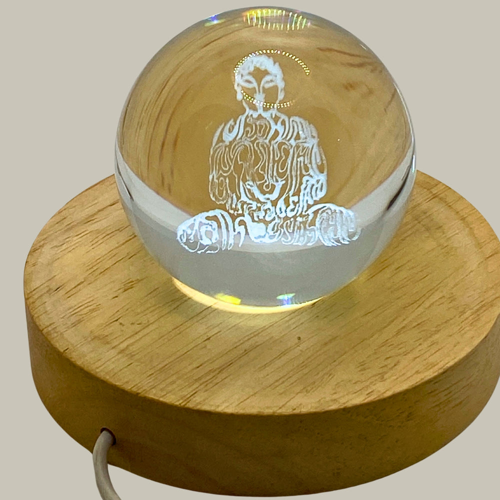 SNOOGG 3D NAVKAR MANTRA BUDDHA Crystal Ball, Crafted Using Advanced Laser Techniques. Glass Art Features a Stunning Universe Design with a 3.5-inch Wooden Display Base. Multi-Coloured Lighting with Remote