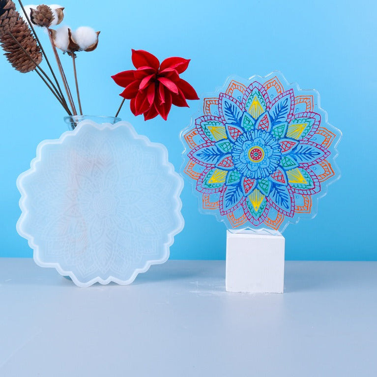 Mandala Carving Flower Coaster ResinMold , crystal tray, candle holder, casting craft Resinart 120 mm / 5 inch.