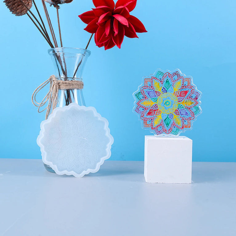Mandala Carving Flower Coaster ResinMold , crystal tray, candle holder, casting craft Resinart 120 mm / 5 inch.