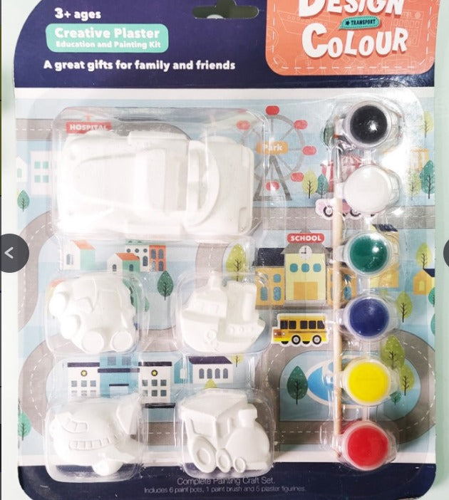 Painting Kit . Strong Plaster of paris Shapes to paint. It comes in blister pack with the 6 colours and brust. Ready to go KIT