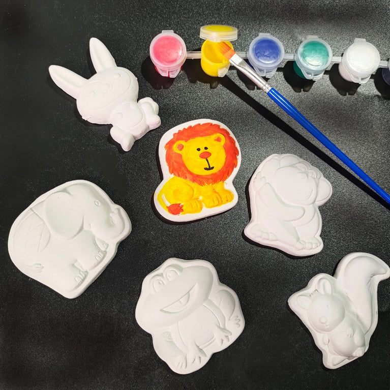Painting Kit . Strong Plaster of paris Shapes to paint. It comes in blister pack with the 6 colours and brust. Ready to go KIT