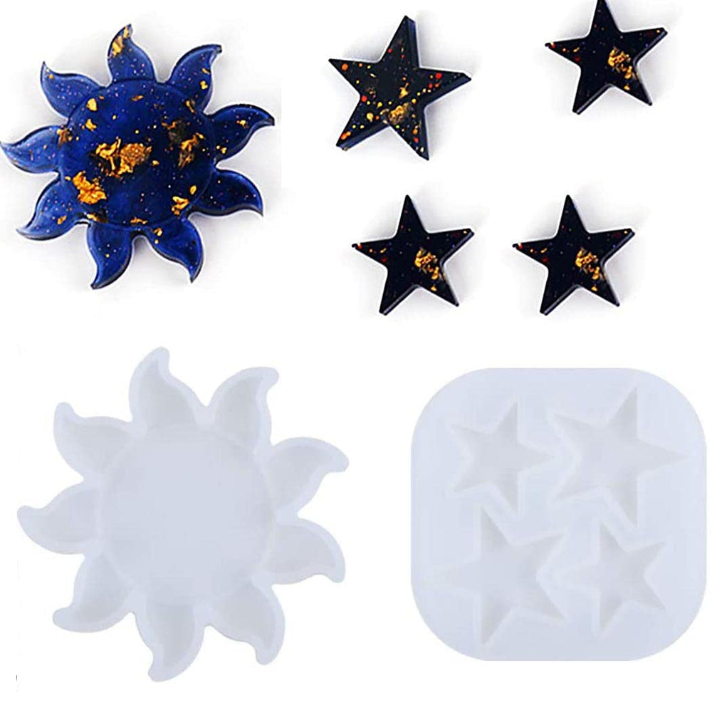 SNOOGG 1 Pack 2 Mold  Sun Design and 4 Cavity Star Silicone Moulds Use for Resin Casting for Event, Resin Art, Wedding,Valentine,Anniversary Gift