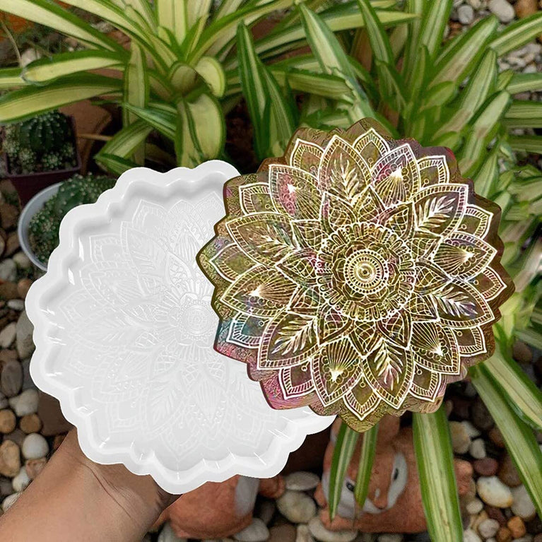 Snoogg 8 inch Mandala Flowers Coaster Mould for Resin, 3 Pack Sun Flowers Tray Resin Moulds Epoxy Resin Casting Silicone Moulds for DIY Resin Mandala Coaster Snacks Serving