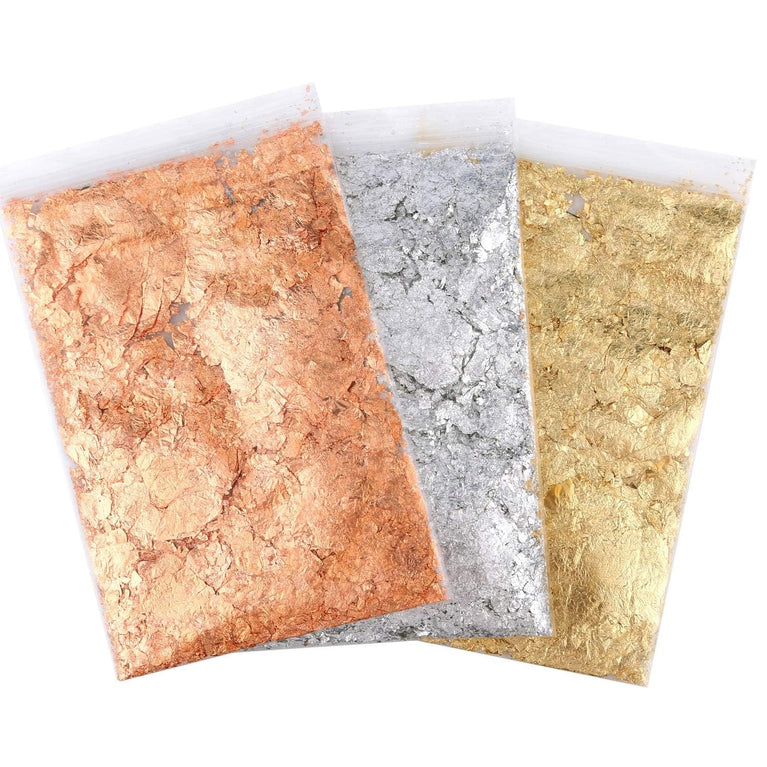 Snoogg Gold Flakes, Gold Leaf Sheets Flakes for Resin Art, Metallic Gold Foil Flakes for Gilding, Home & Kitchen, Painting Arts, Decoration, Crafts Nails and DIYS , (Gold, Silver, Copper) , 3 Gram each - Pack of 3 .