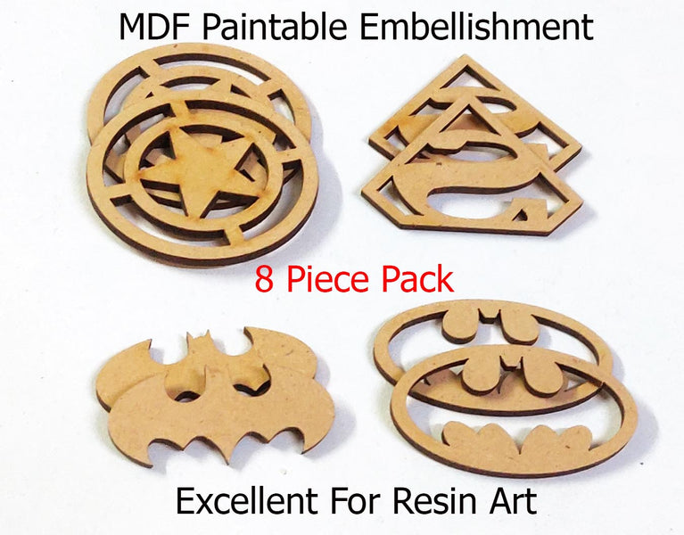 MIXED MDF  CUT OUT EMBLISHMENT IN POPULAR SHAPES. PACK OF 4 PIECE